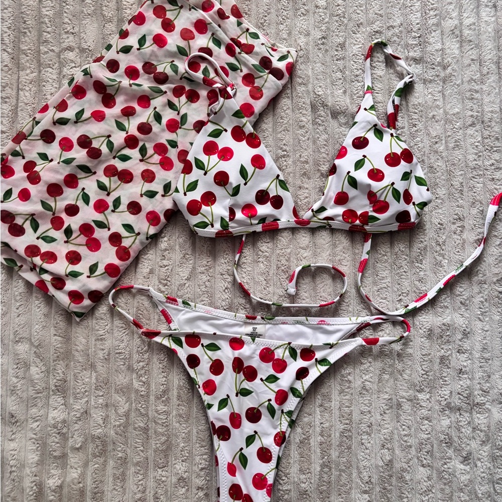 Cherry Print Bikini Set with Sarong
